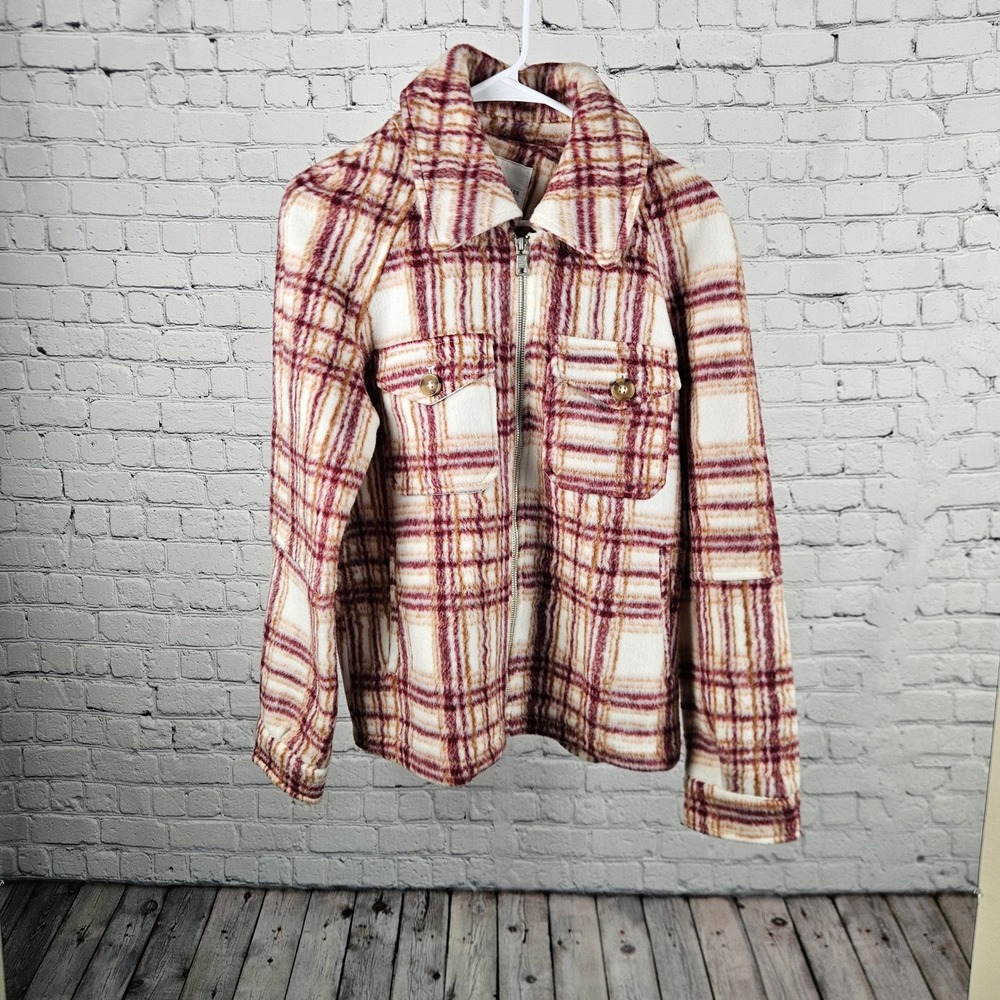 Avec Les Filles Plaid Zip Front Fleece Jacket Burgundy Cream Small B2426